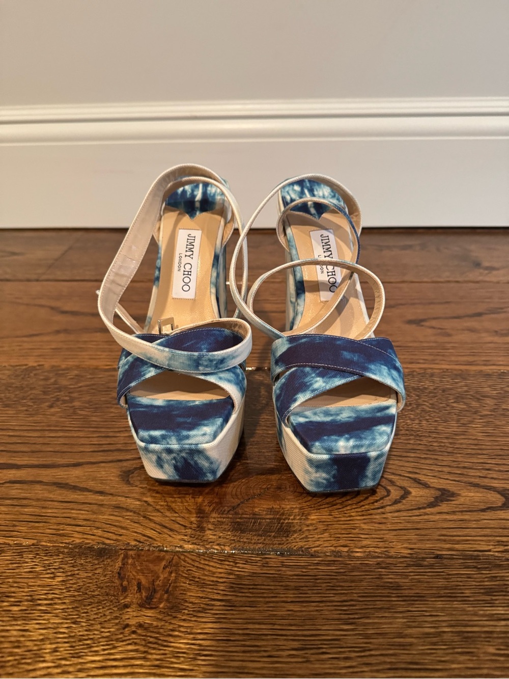 Jimmy Choo Blue and White “Gaia” Platform Sandals
